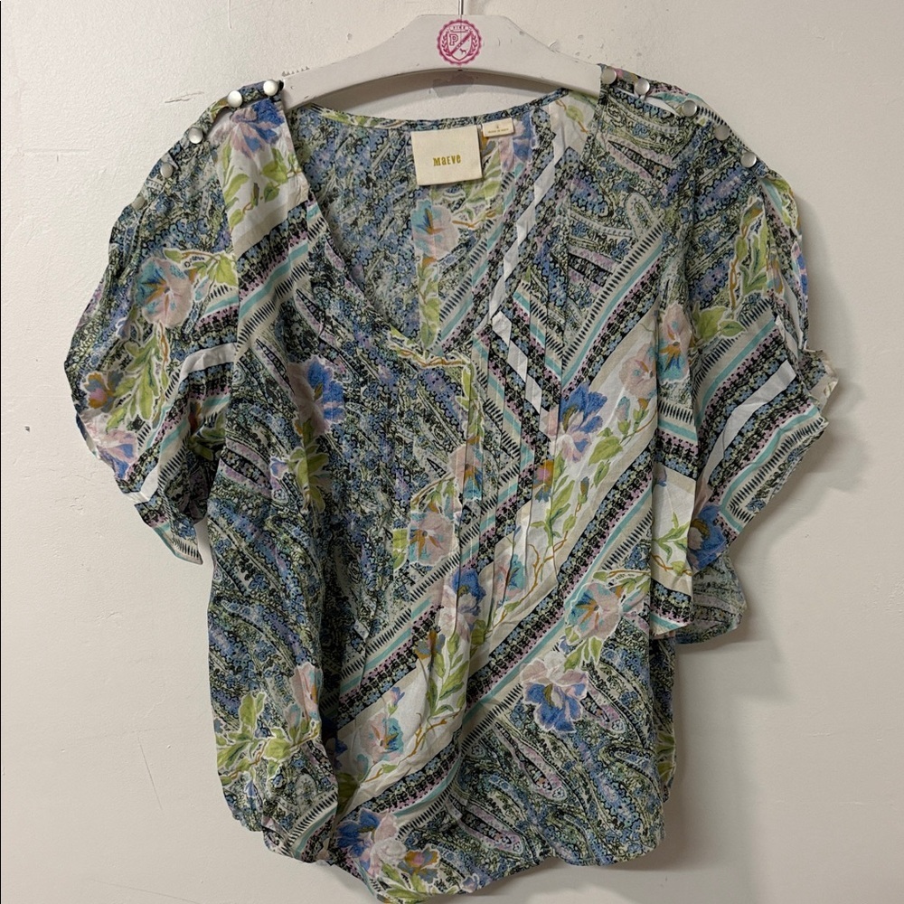 Maeve Floral Stripe V-Neck Blouse - Blue, Green, Pink
